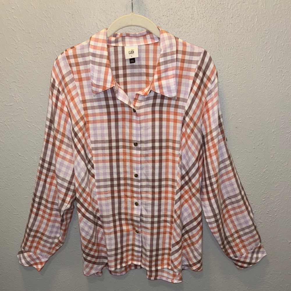 CAbi Coral Tan Brown Casual Button Down Plaid Shirt Women’s Sz Large